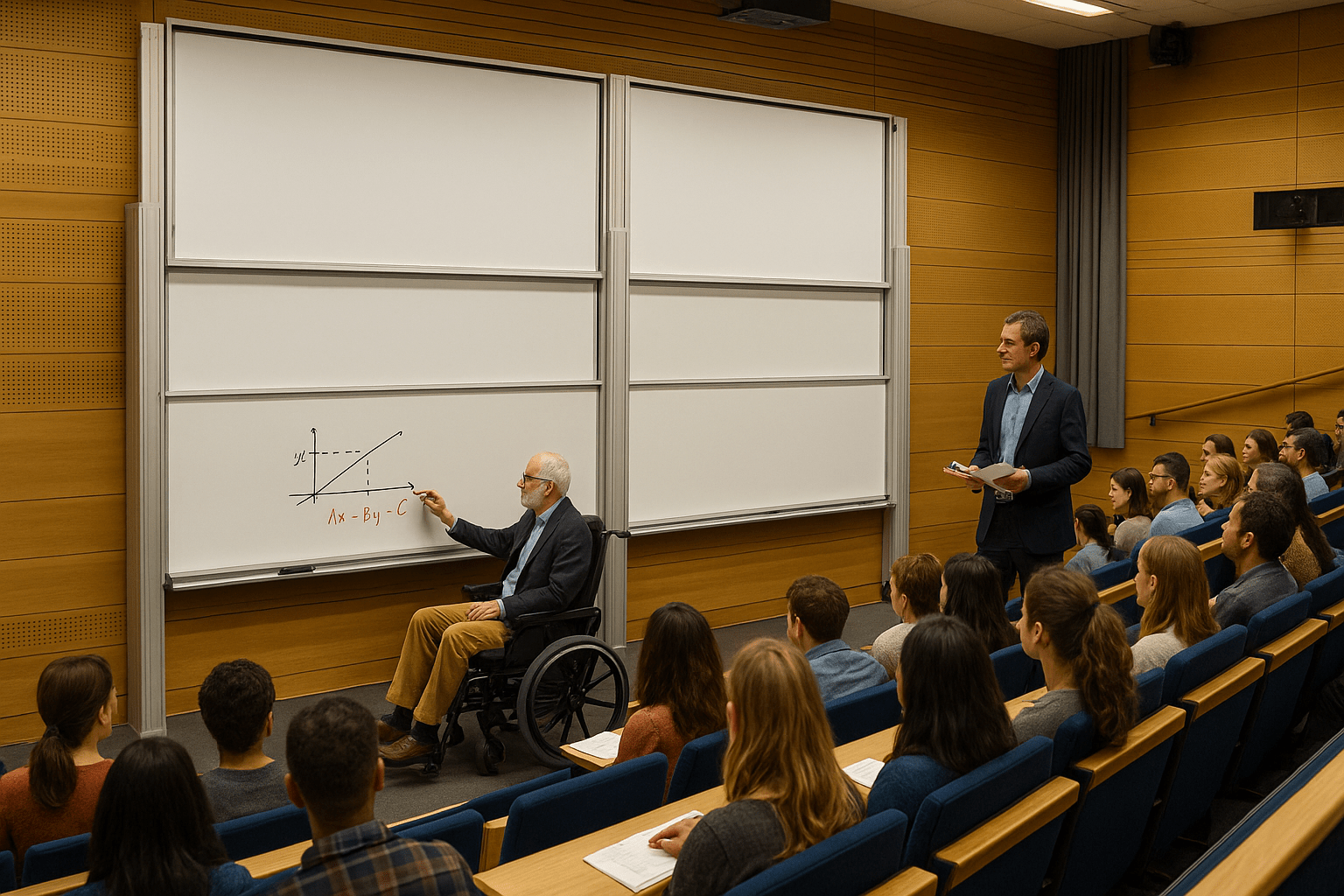 A professor in a wheelchair teaches engaged students, highlighting data on a Presentation Spaces Electric Dry Wipe Column Board.