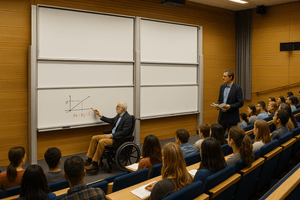 A professor in a wheelchair teaches engaged students, highlighting data on a Presentation Spaces Electric Dry Wipe Column Board.