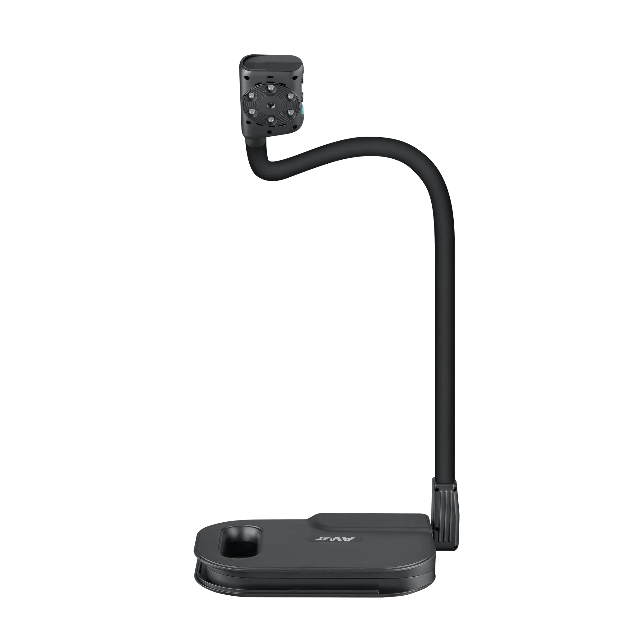 Boost classroom presentations with the AVerVision U50+, a portable black visualizer featuring a flexible arm and compact camera head.