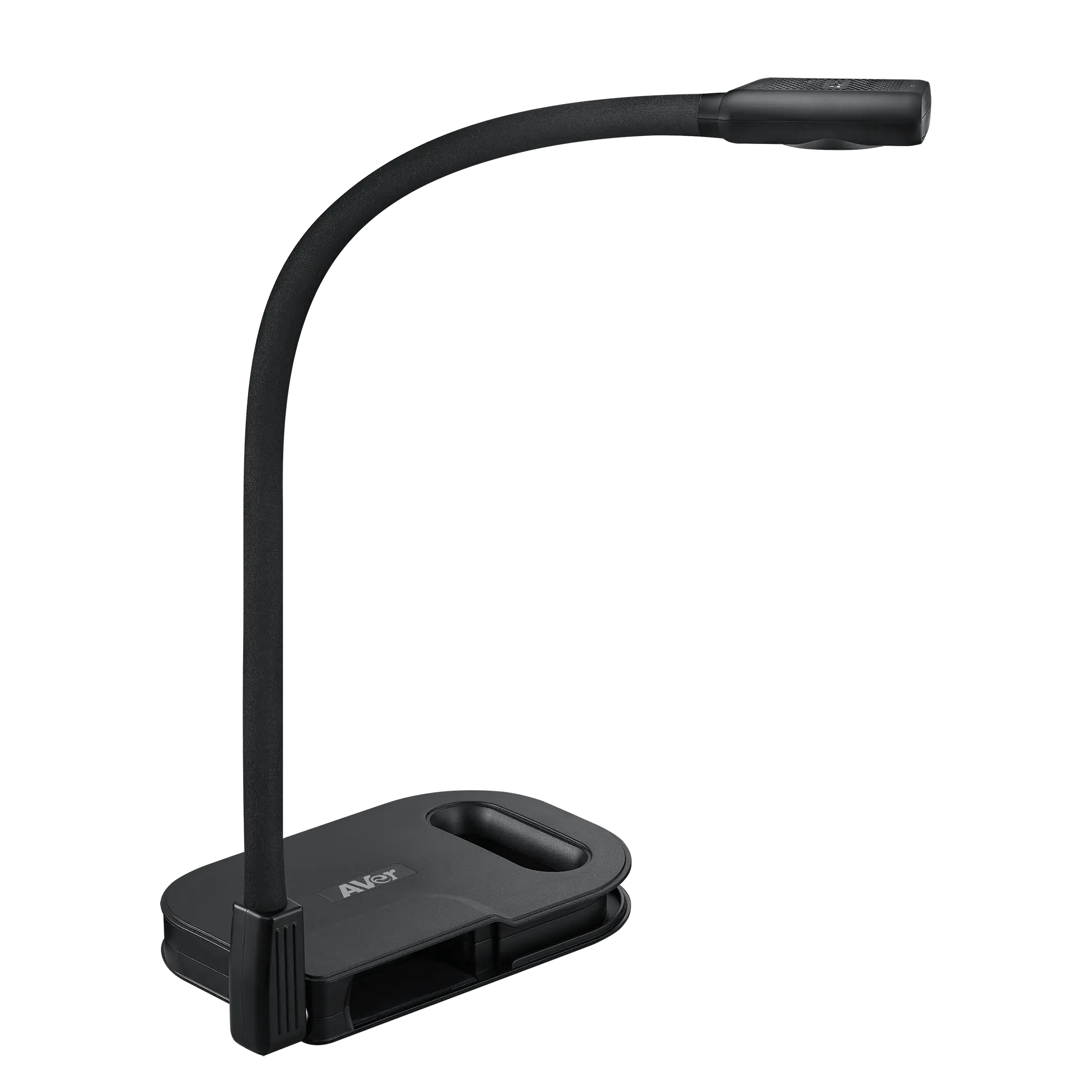 AVerVision U50+ black gooseneck document camera with clamp base, portable handle, and slim lamp head—ideal for classrooms.