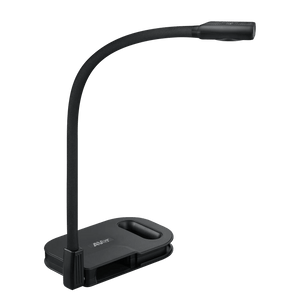AVerVision U50+ black gooseneck document camera with clamp base, portable handle, and slim lamp head—ideal for classrooms.