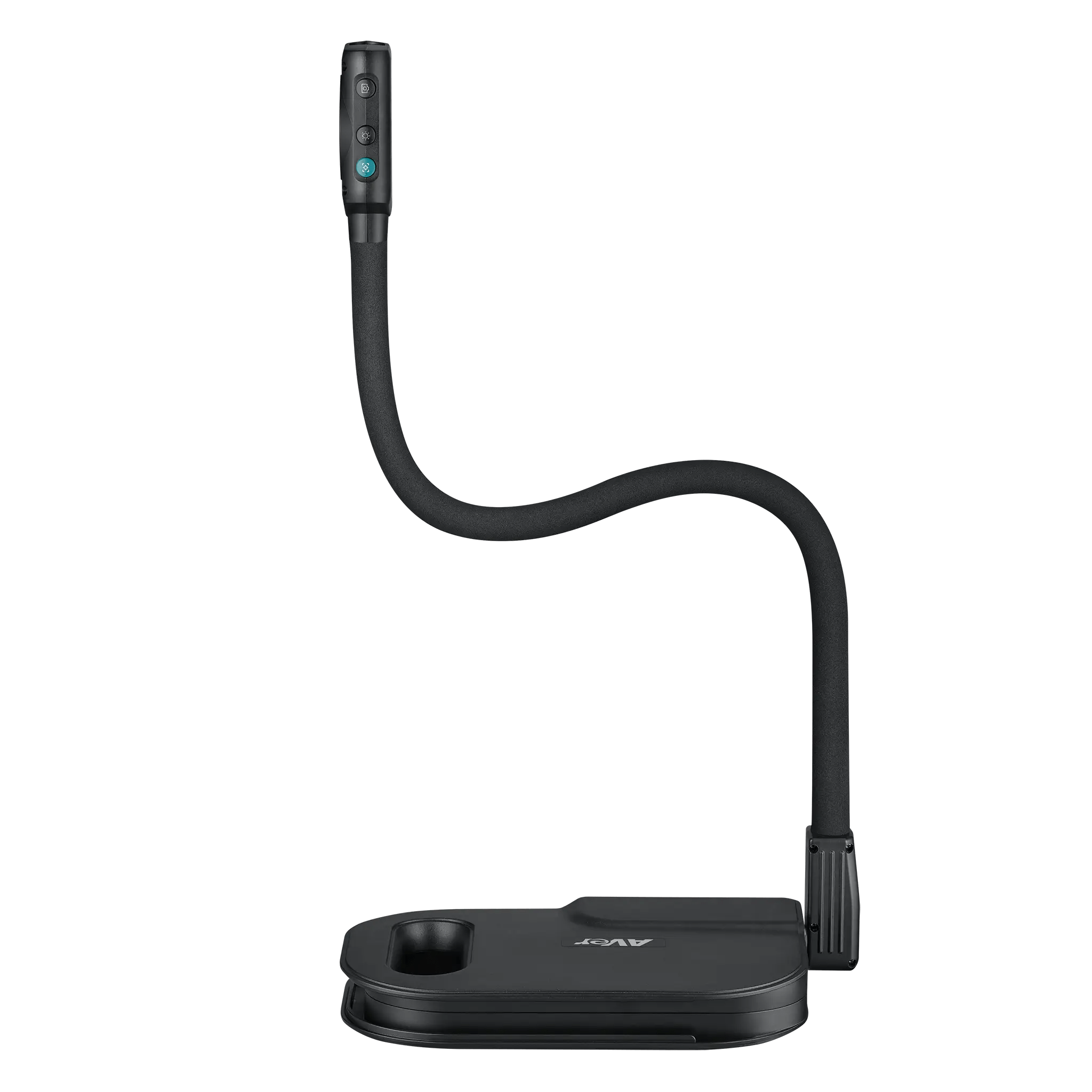 AVerVision U50+ black portable visualizer with flexible arm and base, perfect for classroom document or object imaging.