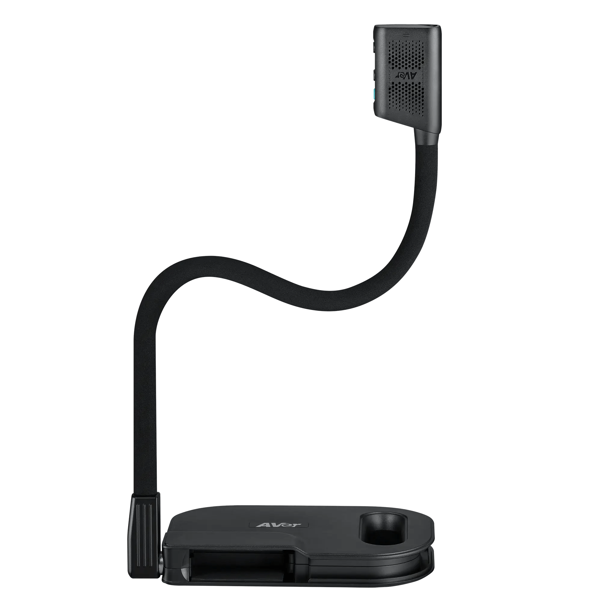 AVerVision U50+ black document camera with flexible neck, vented head, and side compartment—ideal for classroom presentations.