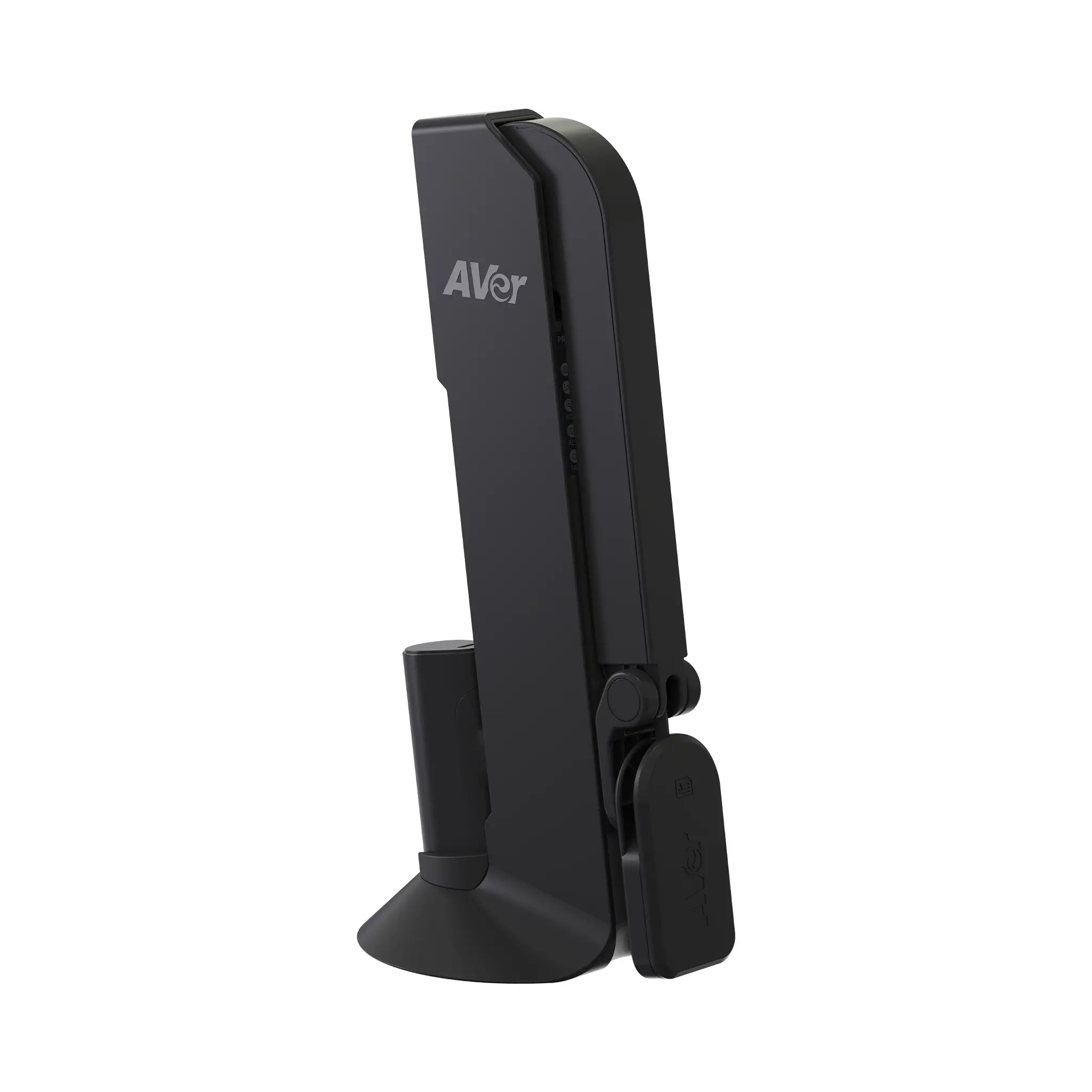 Boost classroom technology with the AVerVision M11WB—black wireless document camera, foldable arm, round base, stands vertically.