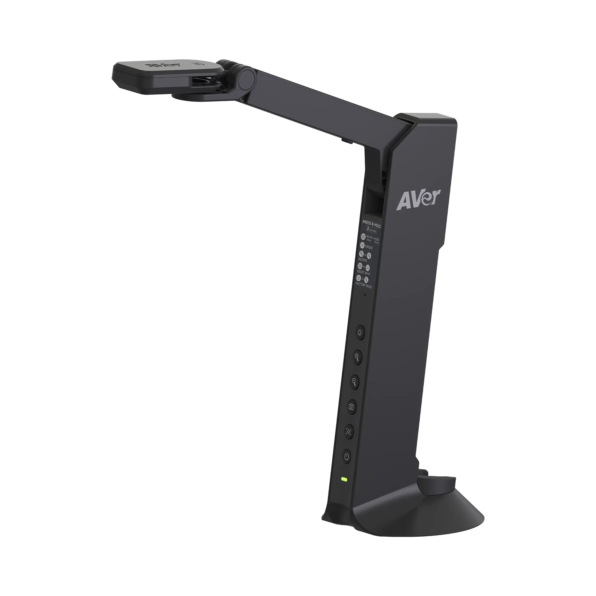 AVerVision M11WB wireless document camera in black, features 4K zoom, adjustable arm, side buttons, round base for classrooms.