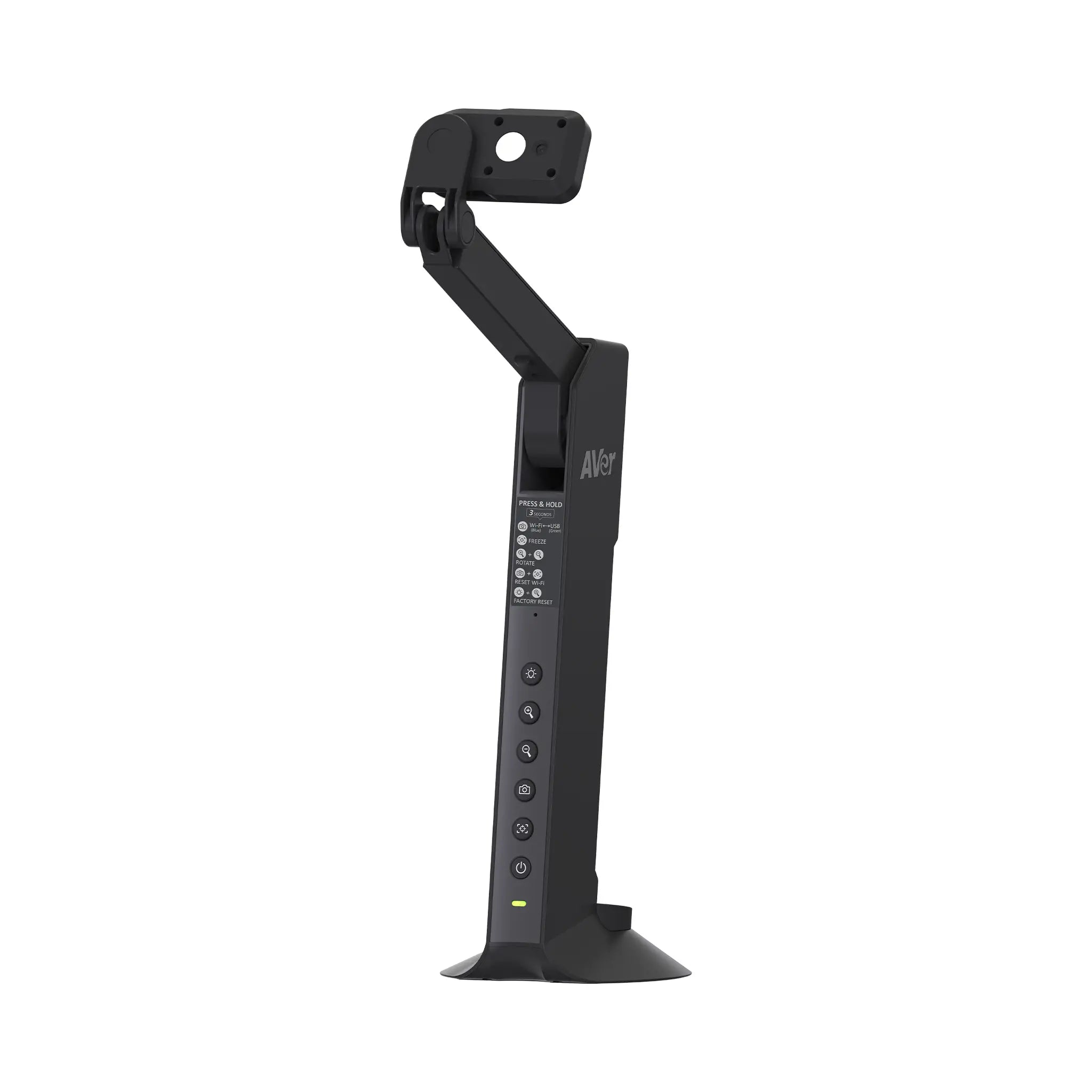 Boost classroom presentations with the sleek black AVerVision M11WB wireless document camera, featuring 4K zoom and easy front controls.
