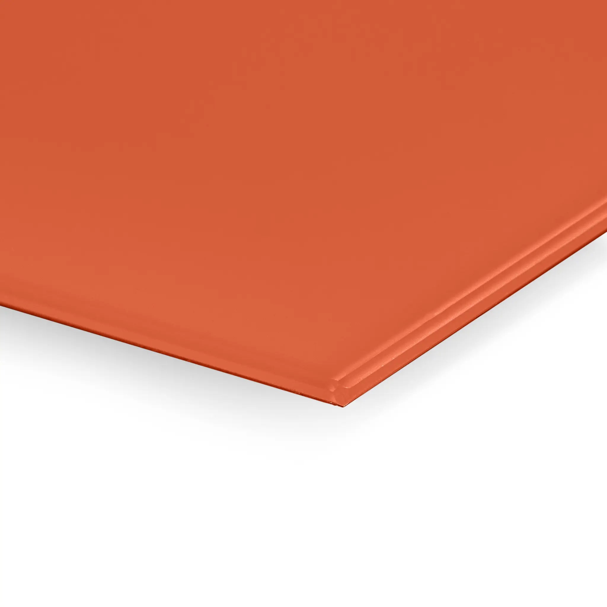Close-up of Premier Coloured Magnetic Glass Wipe Board’s sleek orange corner, glossy finish—ideal for modern office spaces.