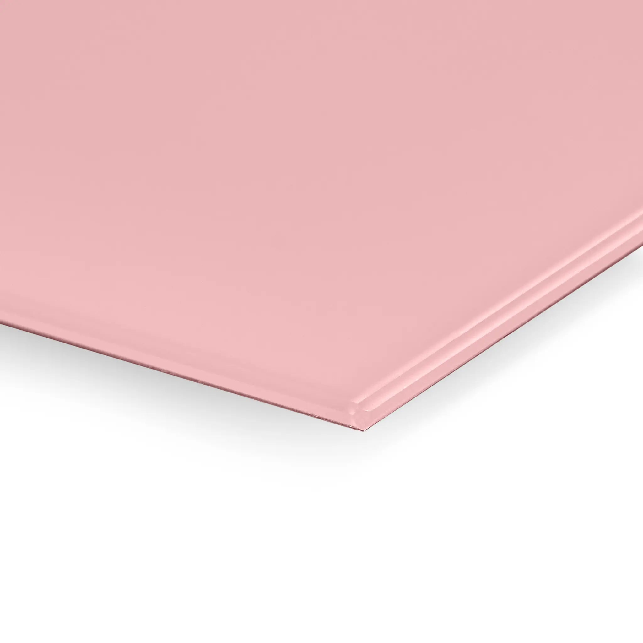 Close-up of Premier Coloured Magnetic Glass Wipe Board in light pink by Presentation Spaces, with smooth edges and glossy finish.