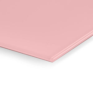 Close-up of Premier Coloured Magnetic Glass Wipe Board in light pink by Presentation Spaces, with smooth edges and glossy finish.