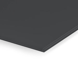Premier Coloured Magnetic Glass Wipe Board by Presentation Spaces, close-up of smooth-edged dark gray corner on white background.