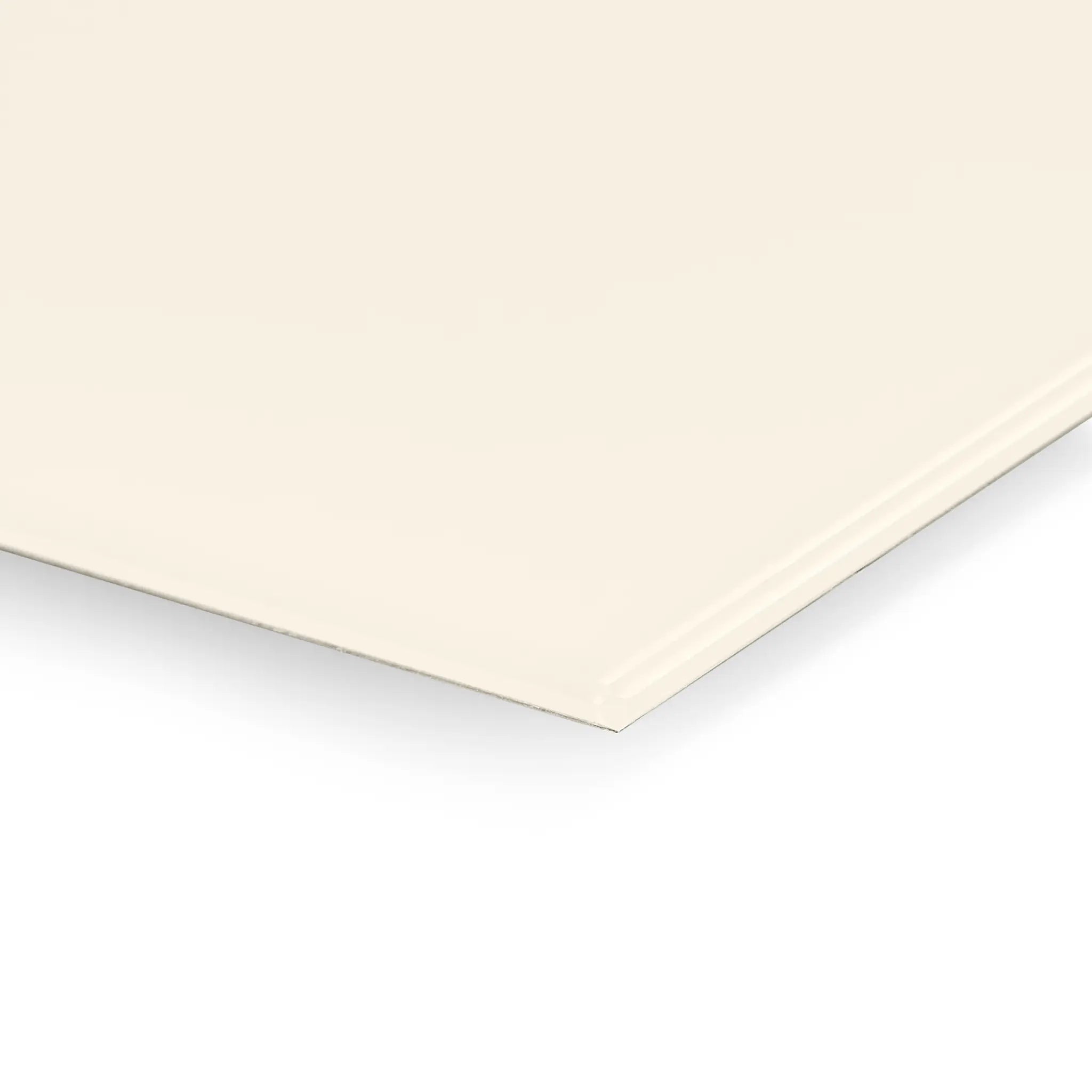 Premier Coloured Magnetic Glass Wipe Board by Presentation Spaces—beveled, cream corner close-up on white, modern and stylish.
