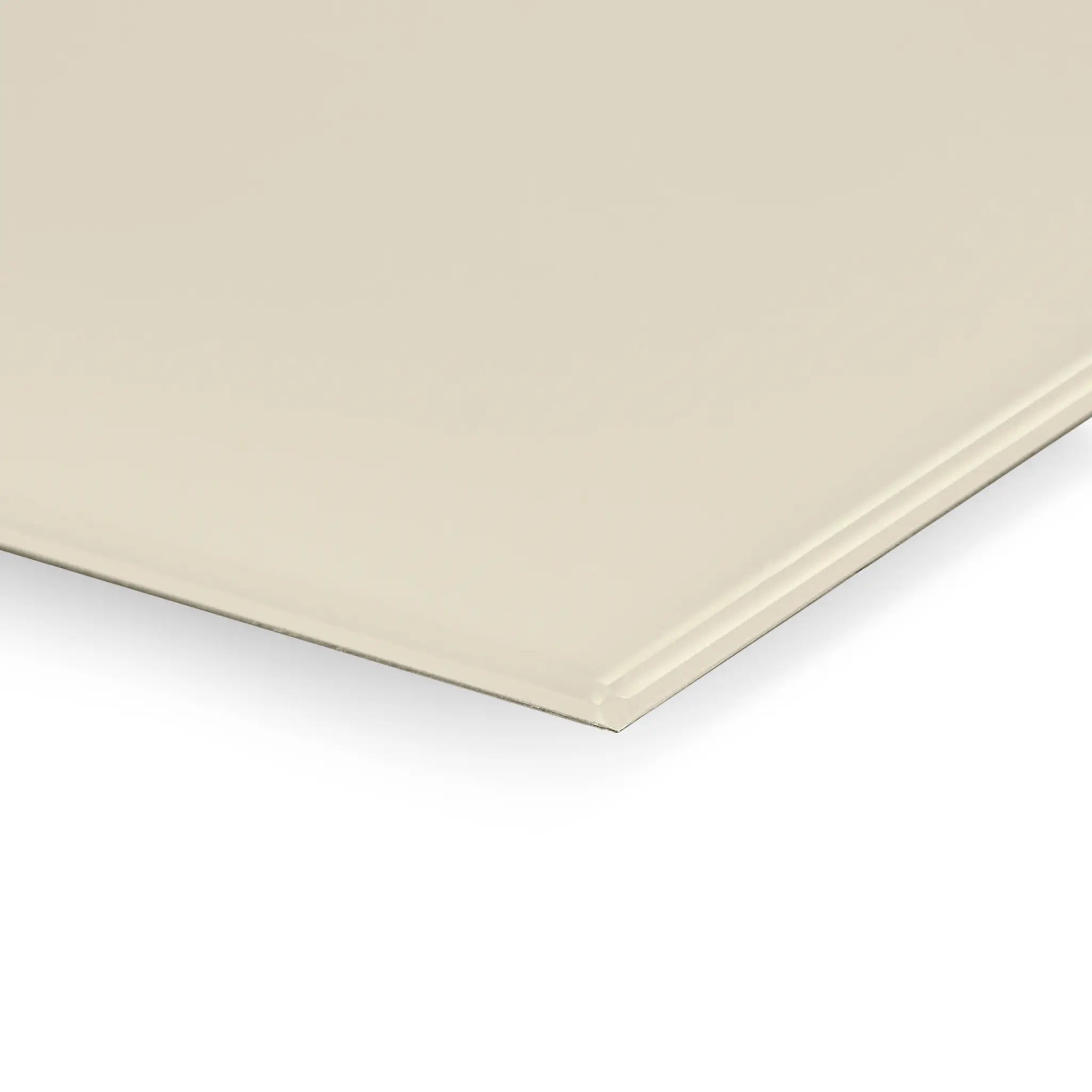 Close-up of beige Premier Coloured Magnetic Glass Wipe Board by Presentation Spaces, glossy finish, ideal for modern offices.