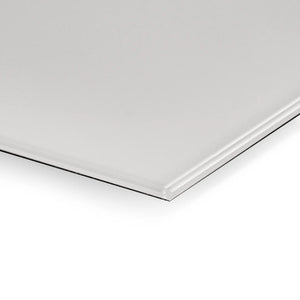 Modern close-up of Premier Coloured Magnetic Glass Wipe Board by Presentation Spaces, sleek corner detail on white background.