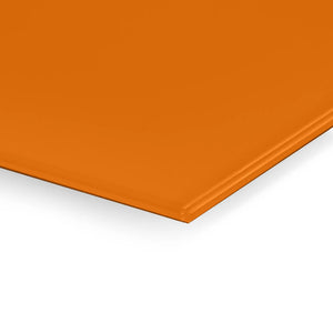 Premier Coloured Magnetic Glass Wipe Board by Presentation Spaces, sleek orange finish, close-up corner view on white background.