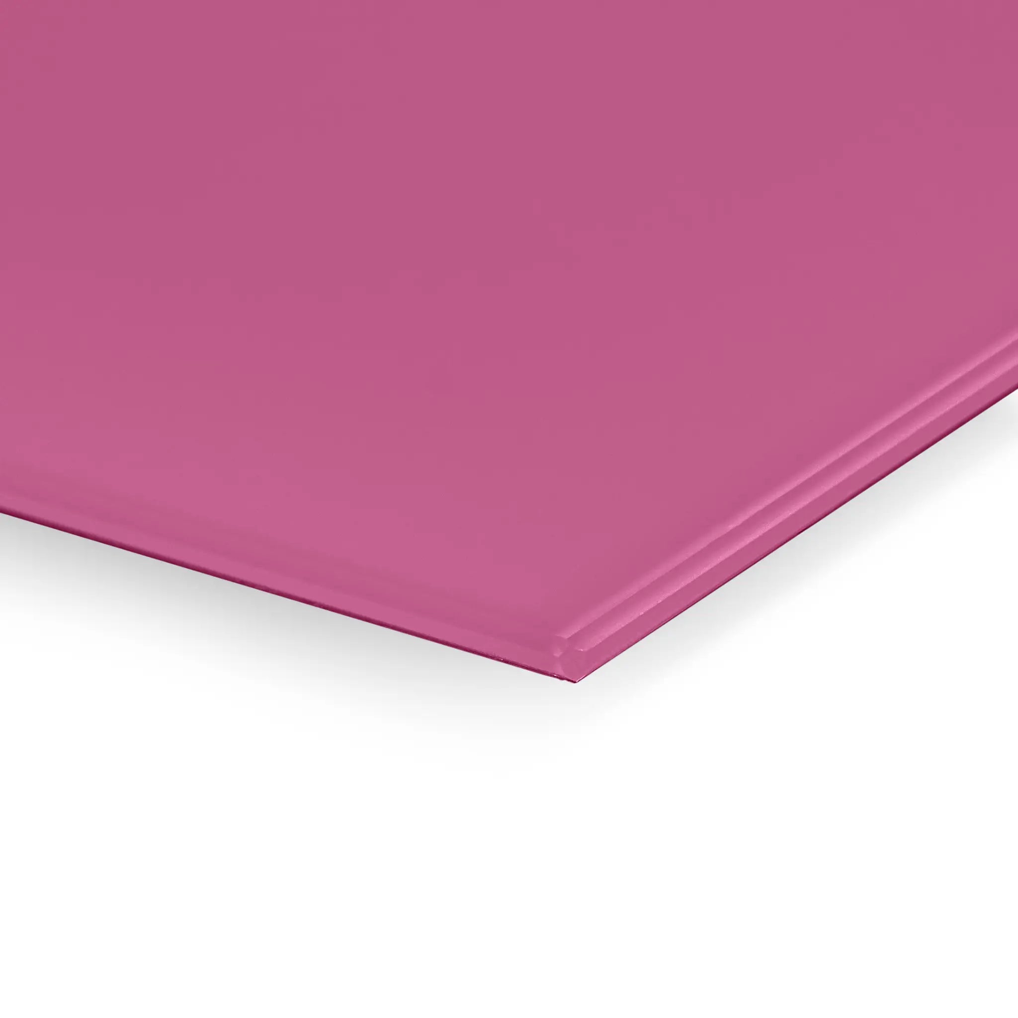 Premium-quality close-up of a pink Premier Coloured Magnetic Glass Wipe Board by Presentation Spaces, glossy finish, white backdrop.