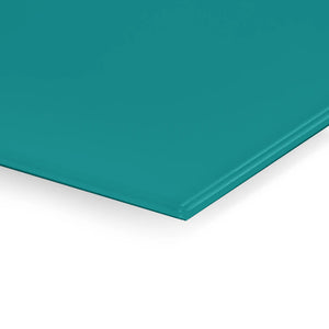 Close-up of a teal Premier Magnetic Glass Wipe Board from Presentation Spaces, highlighting its smooth corner on white background.