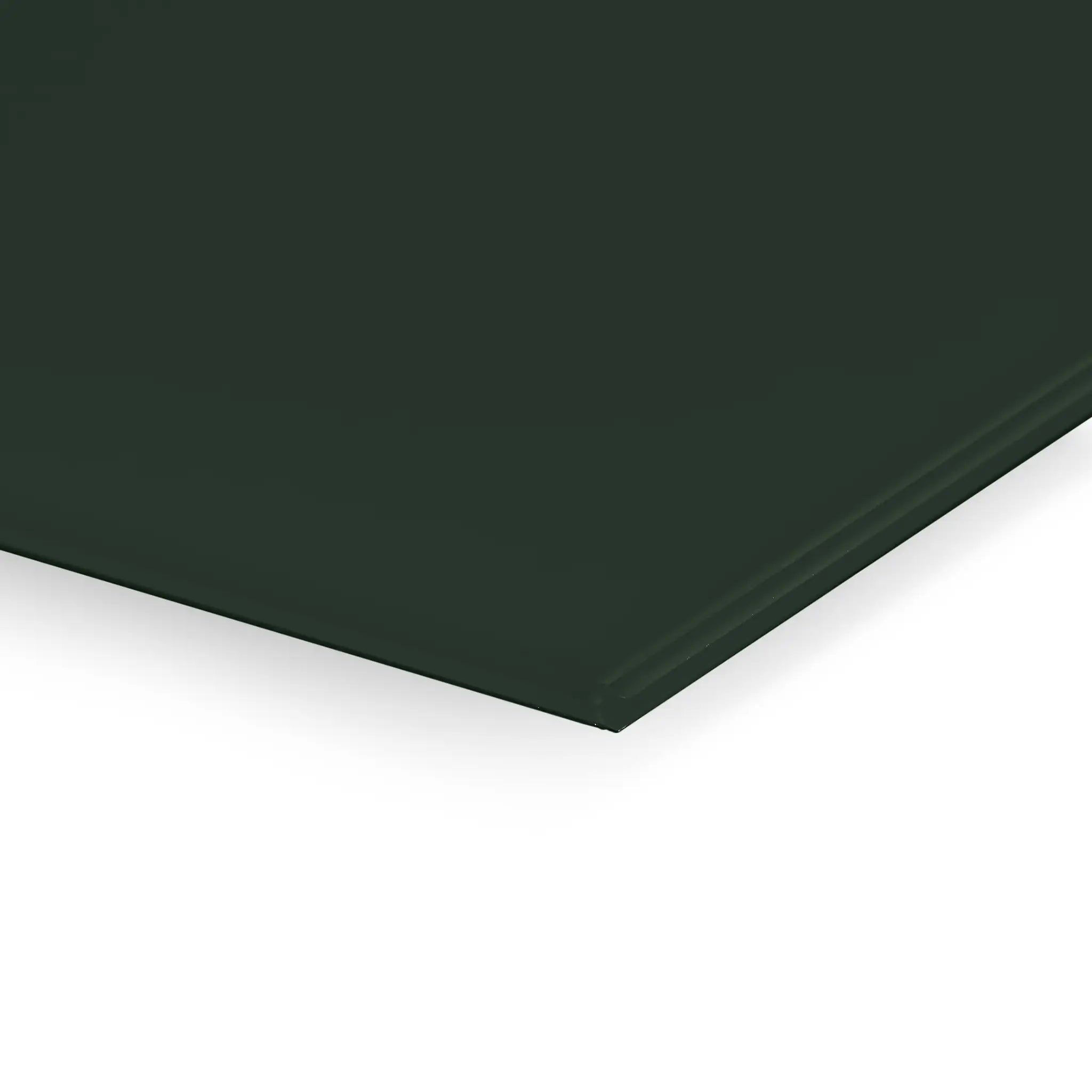 Discover our Premier Coloured Magnetic Glass Wipe Board in dark green—close-up corner detail by Presentation Spaces on white background.
