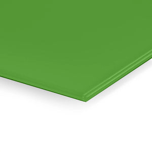 Discover the sleek green Premier Coloured Magnetic Glass Wipe Board’s smooth-edge corner by Presentation Spaces on a white backdrop.