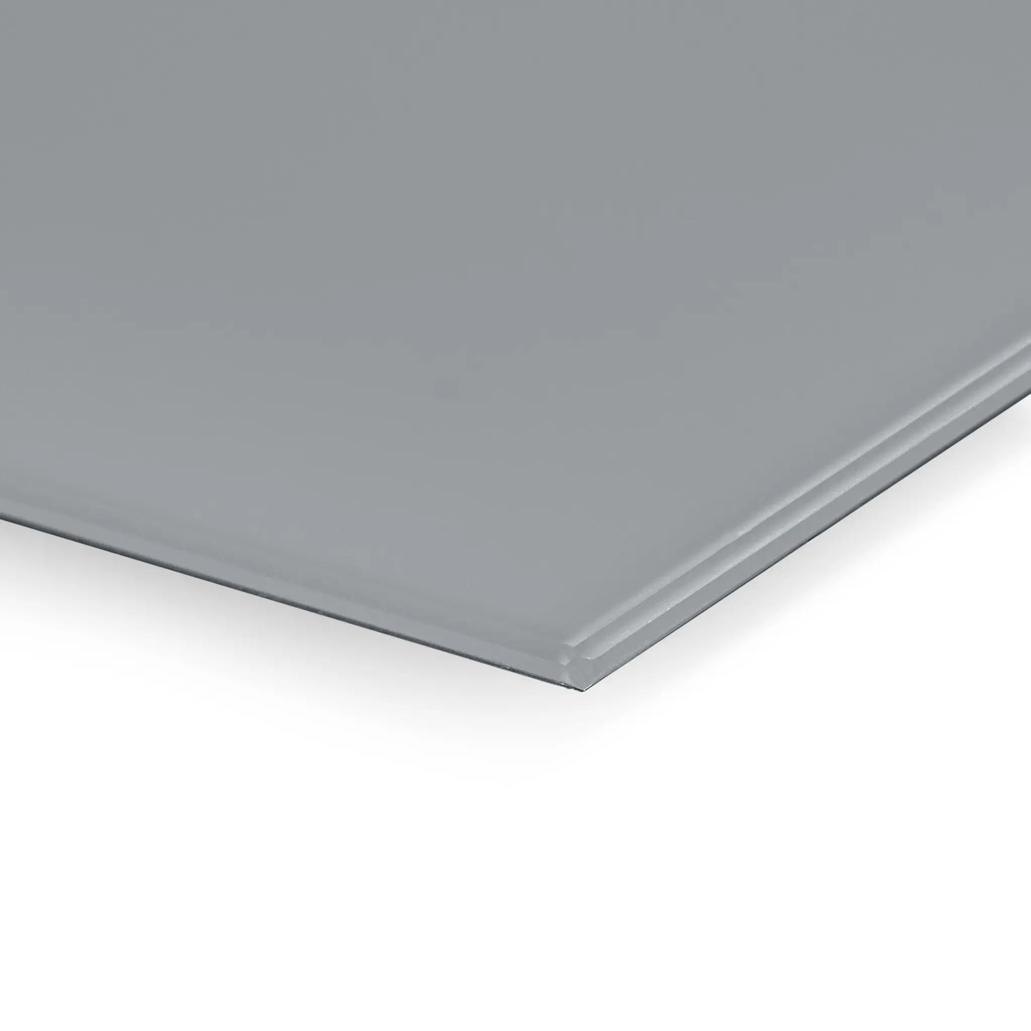 Zoomed-in view of the sleek gray Premier Coloured Magnetic Glass Wipe Board by Presentation Spaces, highlighted on white backdrop.