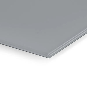 Zoomed-in view of the sleek gray Premier Coloured Magnetic Glass Wipe Board by Presentation Spaces, highlighted on white backdrop.