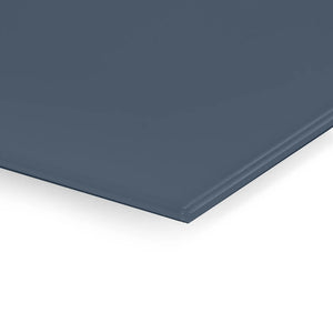 Premium close-up of Premier Coloured Magnetic Glass Wipe Board, smooth dark blue/gray, rounded edges, by Presentation Spaces.