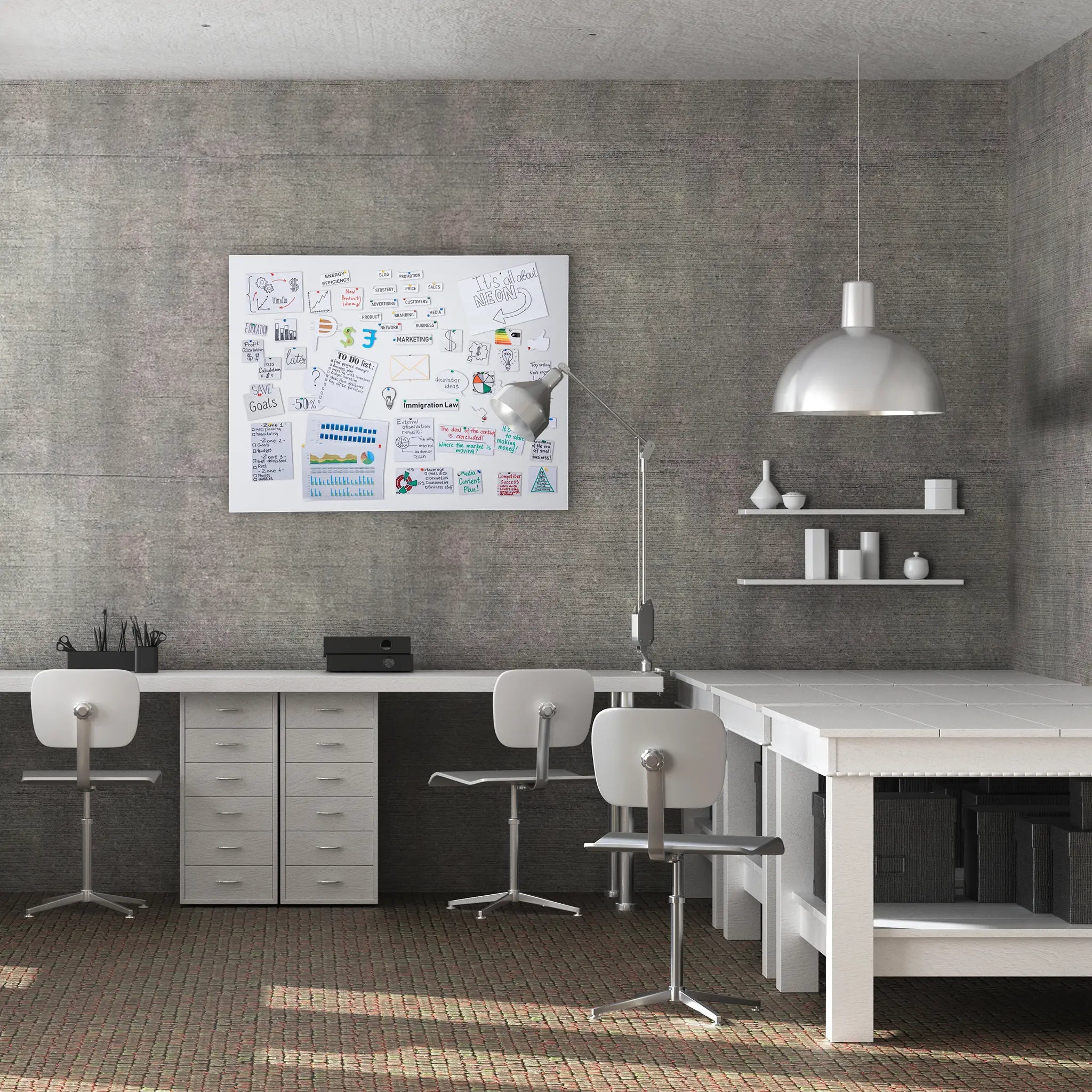 Modern office featuring a Premier Coloured Magnetic Glass Wipe Board by Presentation Spaces on gray wall above sleek white desk setup.
