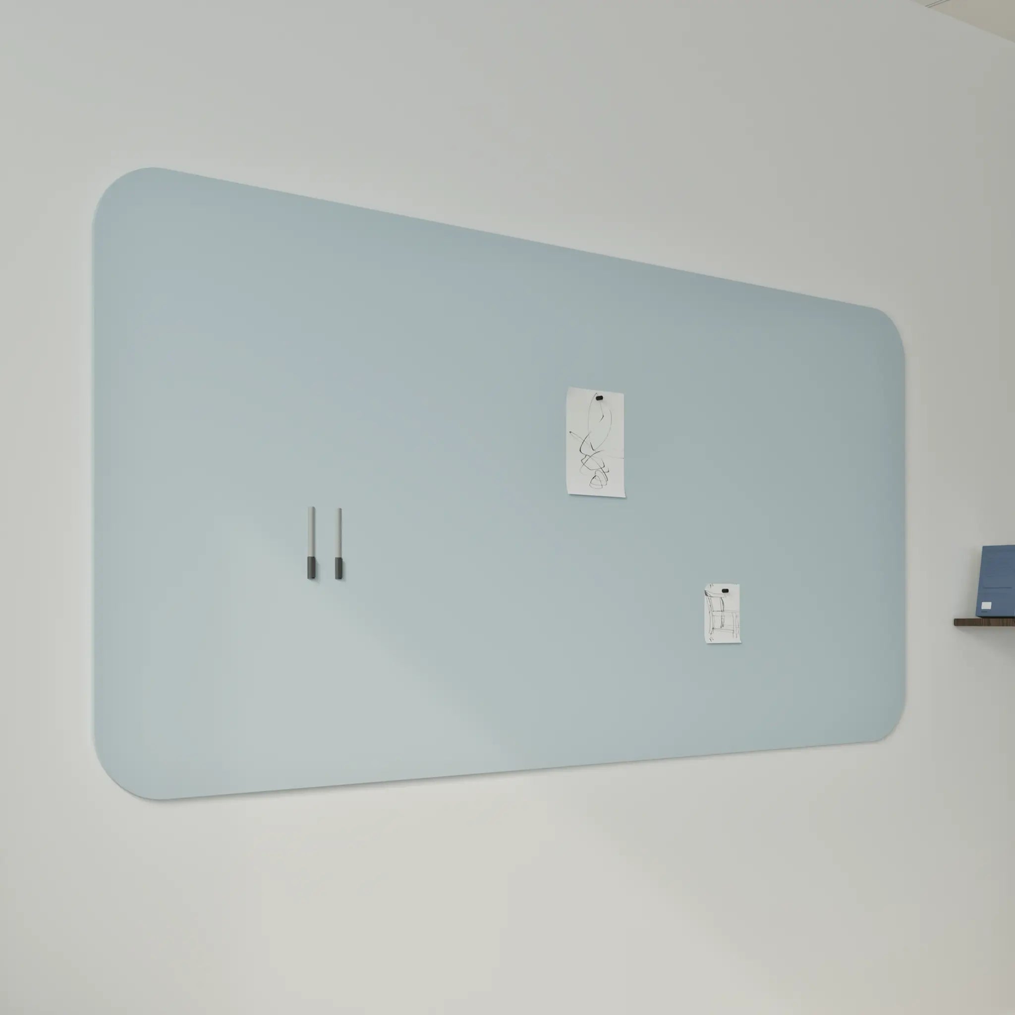 Boost productivity with the Chameleon Curve: a large, pale blue frameless whiteboard with rounded corners, magnetics & shelf.