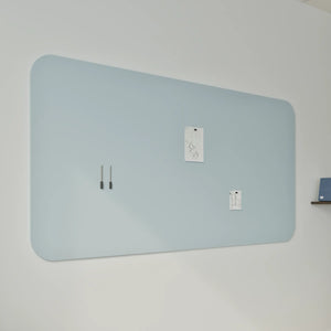 Boost productivity with the Chameleon Curve: a large, pale blue frameless whiteboard with rounded corners, magnetics & shelf.