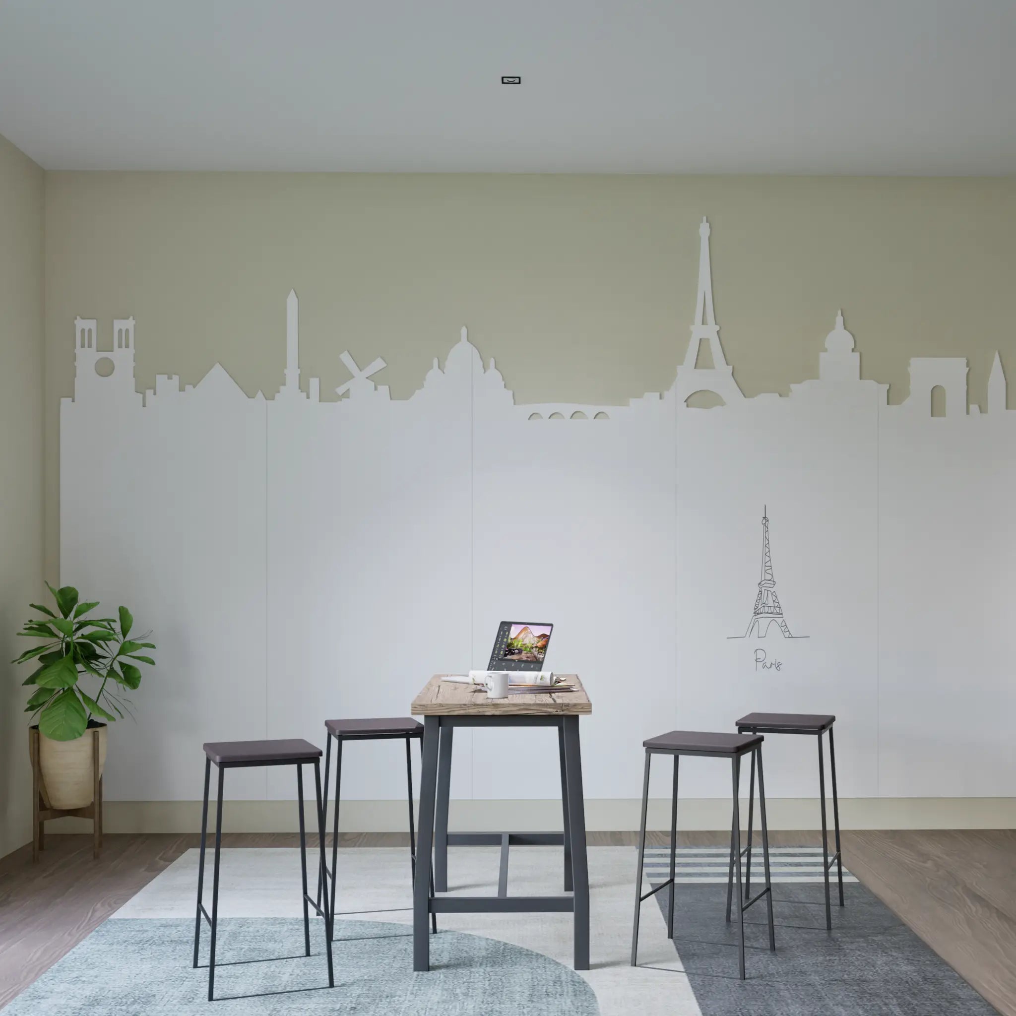Modern workspace with a high table, bar stools, laptop, plant, and Chameleon Custom Whiteboard Wall with Paris skyline design.