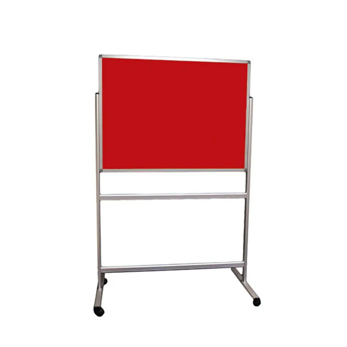 Enhance meetings with our mobile double-sided red noticeboard and dry-wipe, on a sleek silver wheeled frame for easy mobility.
