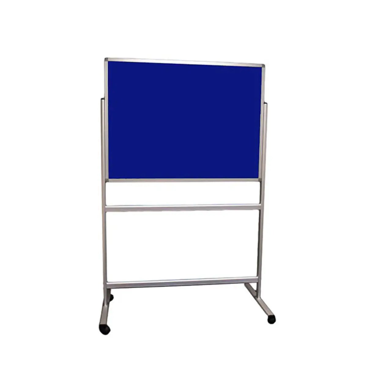 The Presentation Spaces Mobile Double-Sided Noticeboard is a blue felt and HPL board on a wheeled silver stand, perfect for offices.