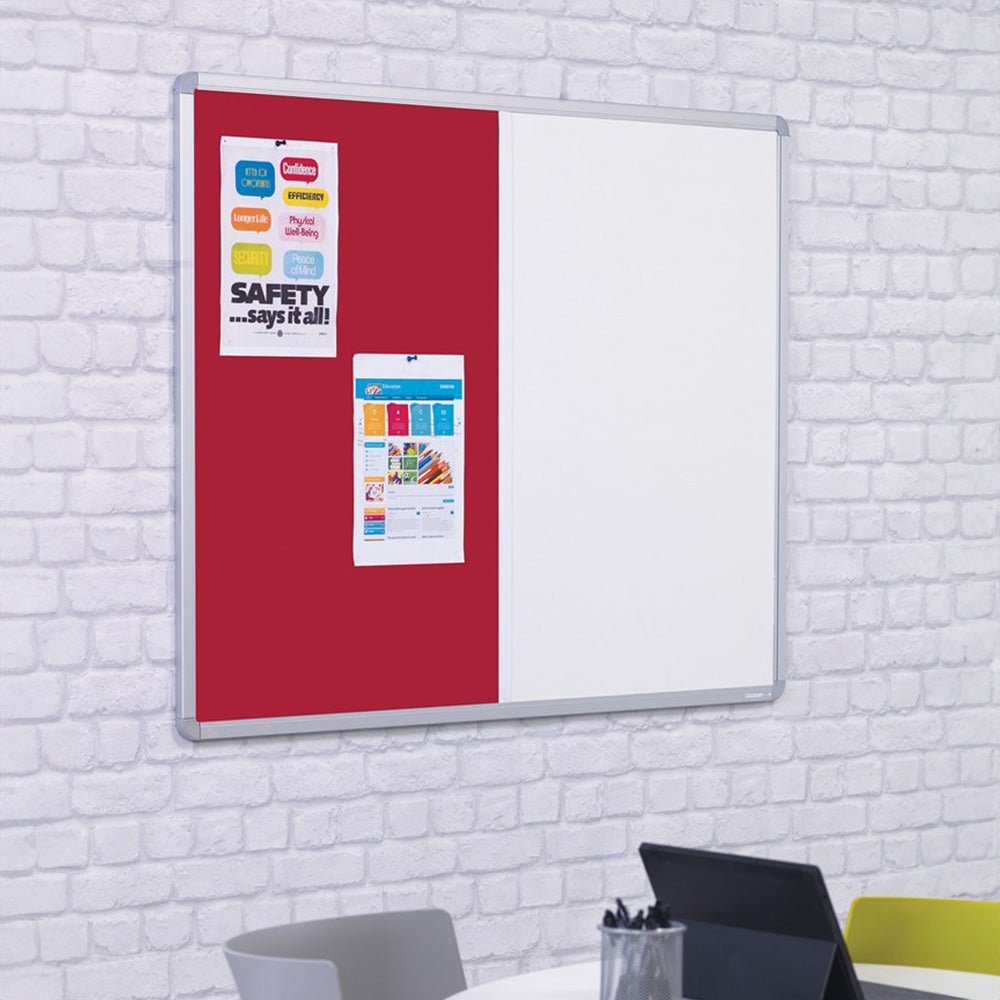 Showcasing the UK-made Premier Combination Board—red felt and white dry-wipe, aluminum frame—mounted in a modern office setting.