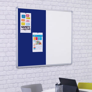 Boost productivity with our Presentation Spaces Combination Board—blue and white panels, pinned papers, laptop table, modern setup.