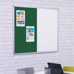 Enhance your office with the Premier Combination Board—green felt for posters, white dry wipe area, in sleek aluminium frame.