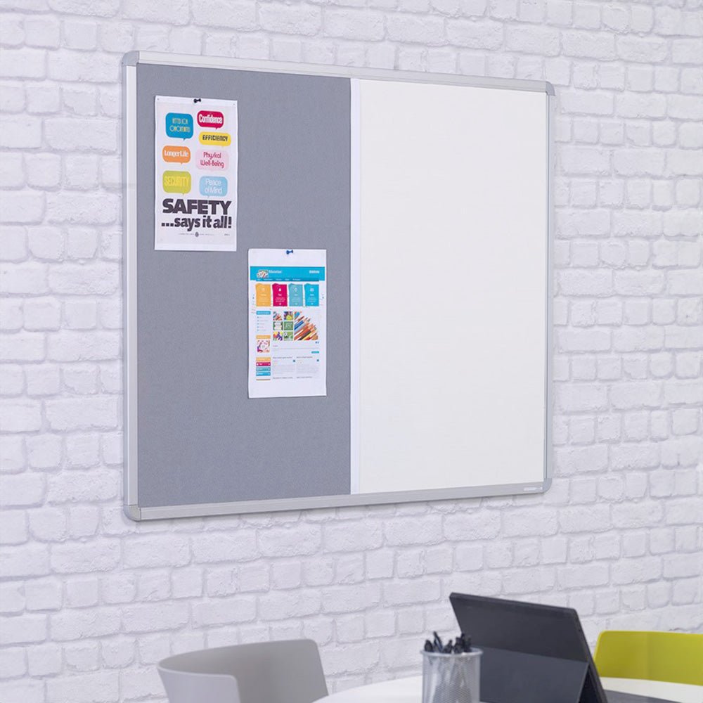 Showcase your workspace with the Premier Combination Board—gray and white, felt & dry wipe, sleek frame. Functional and modern design.