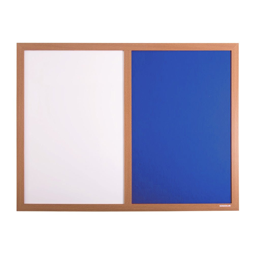 Premier Combination Board: light wood frame, left HPL dry wipe whiteboard, right blue felt pin board—perfect for office memos.