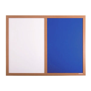 Premier Combination Board: light wood frame, left HPL dry wipe whiteboard, right blue felt pin board—perfect for office memos.