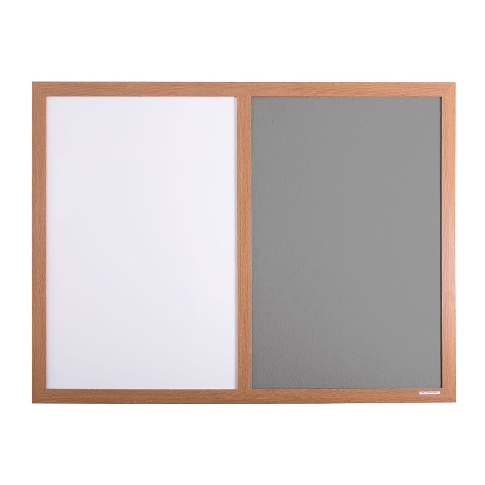 Upgrade your workspace with the Premier Combination Board—stylish wood frame, white dry-wipe surface, gray felt pinboard, 4 colors.