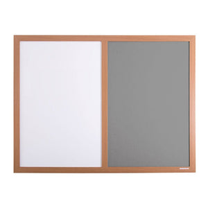 Upgrade your workspace with the Premier Combination Board—stylish wood frame, white dry-wipe surface, gray felt pinboard, 4 colors.