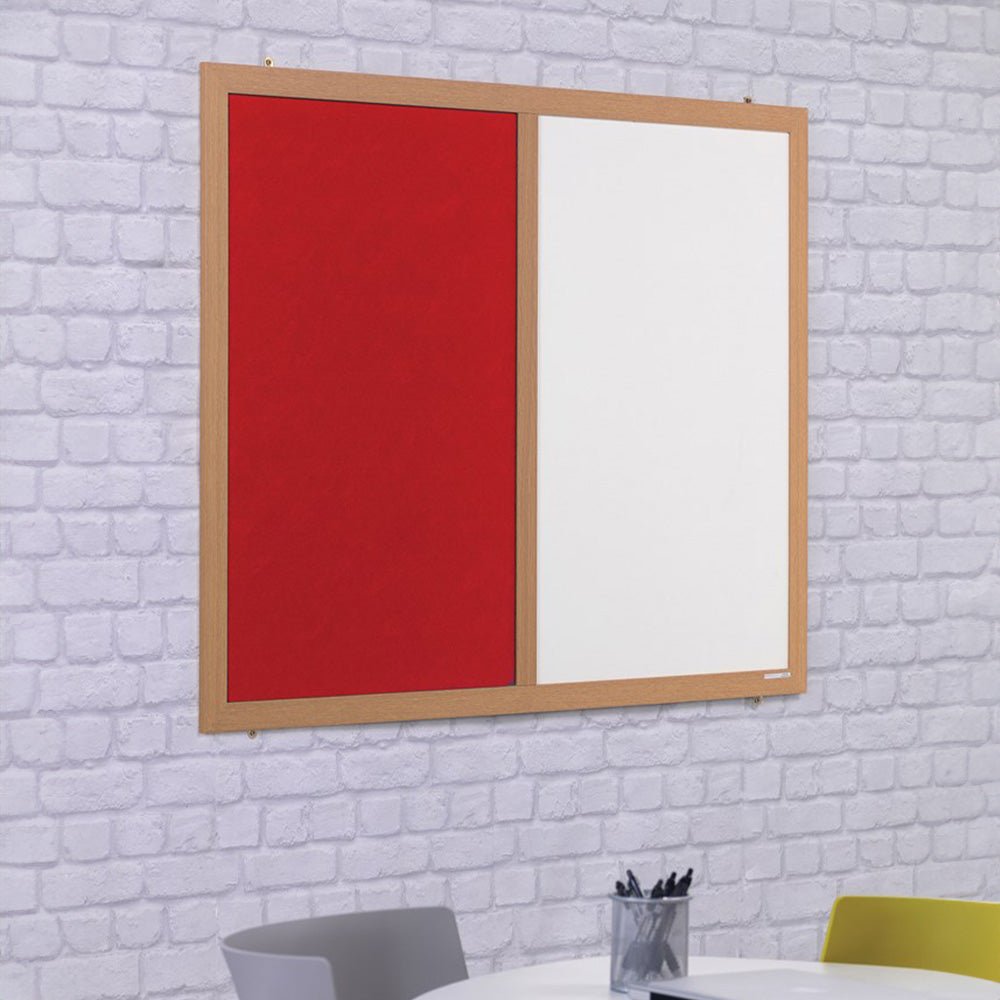 Showcase your services on the stylish ECO Combination Board—wooden frame, red and white sections, ideal for Mageworx APO options.