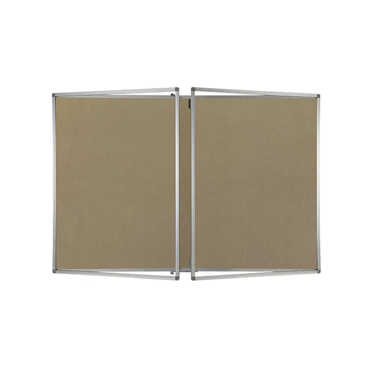 Showcasing two Class B fire-rated eco tamperproof corded hessian aluminium noticeboards with tan fabric, angled on white background.