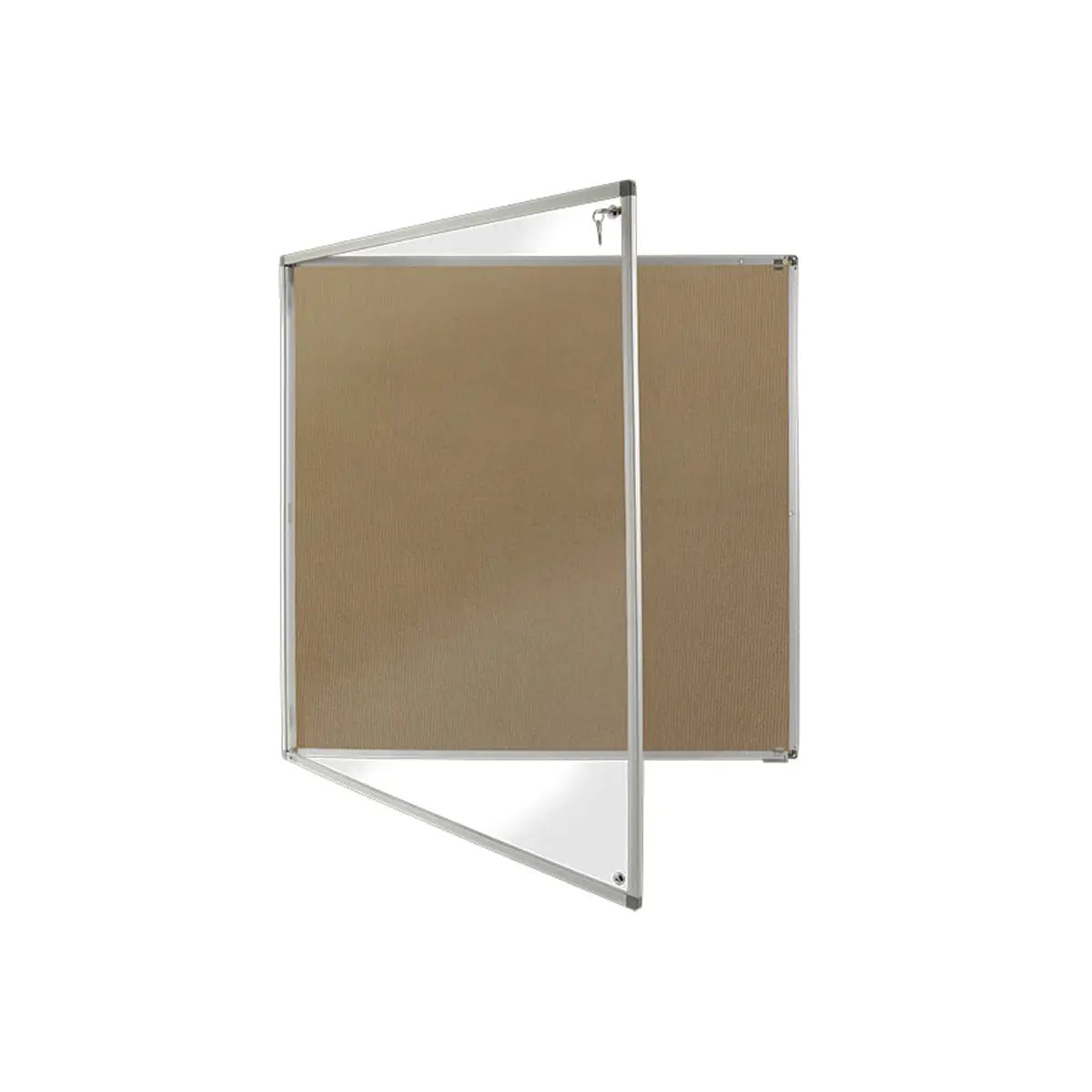 Discover the Eco Tamperproof Corded Hessian Aluminium Noticeboard—brown, Class B fire rated, silver frame, secure glass door.