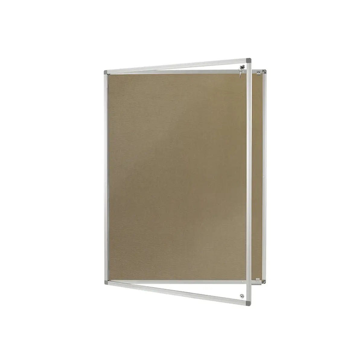 Promote secure displays with our Eco Tamperproof Corded Hessian Aluminium Noticeboard, Class B fire rated, shown angled on white.
