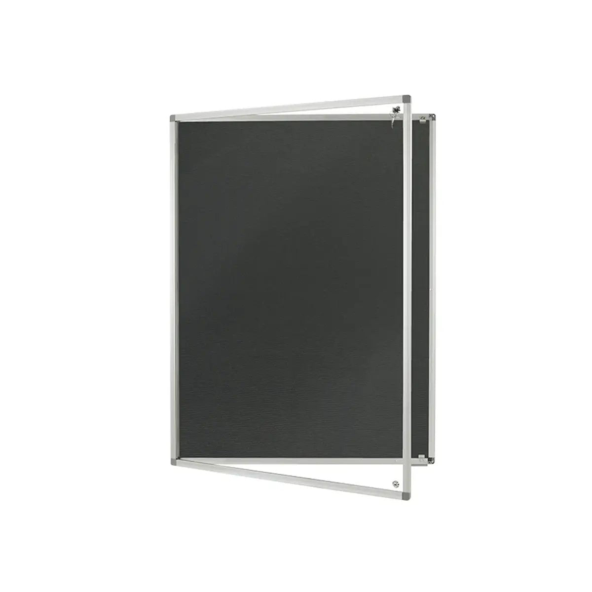 Showcase of Eco Tamperproof Corded Hessian Aluminium Framed Noticeboard, fire rated, lockable, black with silver frame open.
