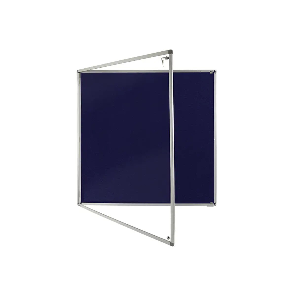 Shop our blue Eco Tamperproof Corded Hessian Aluminium Framed Noticeboard, Class B Fire Rated, open lockable panel, silver frame.