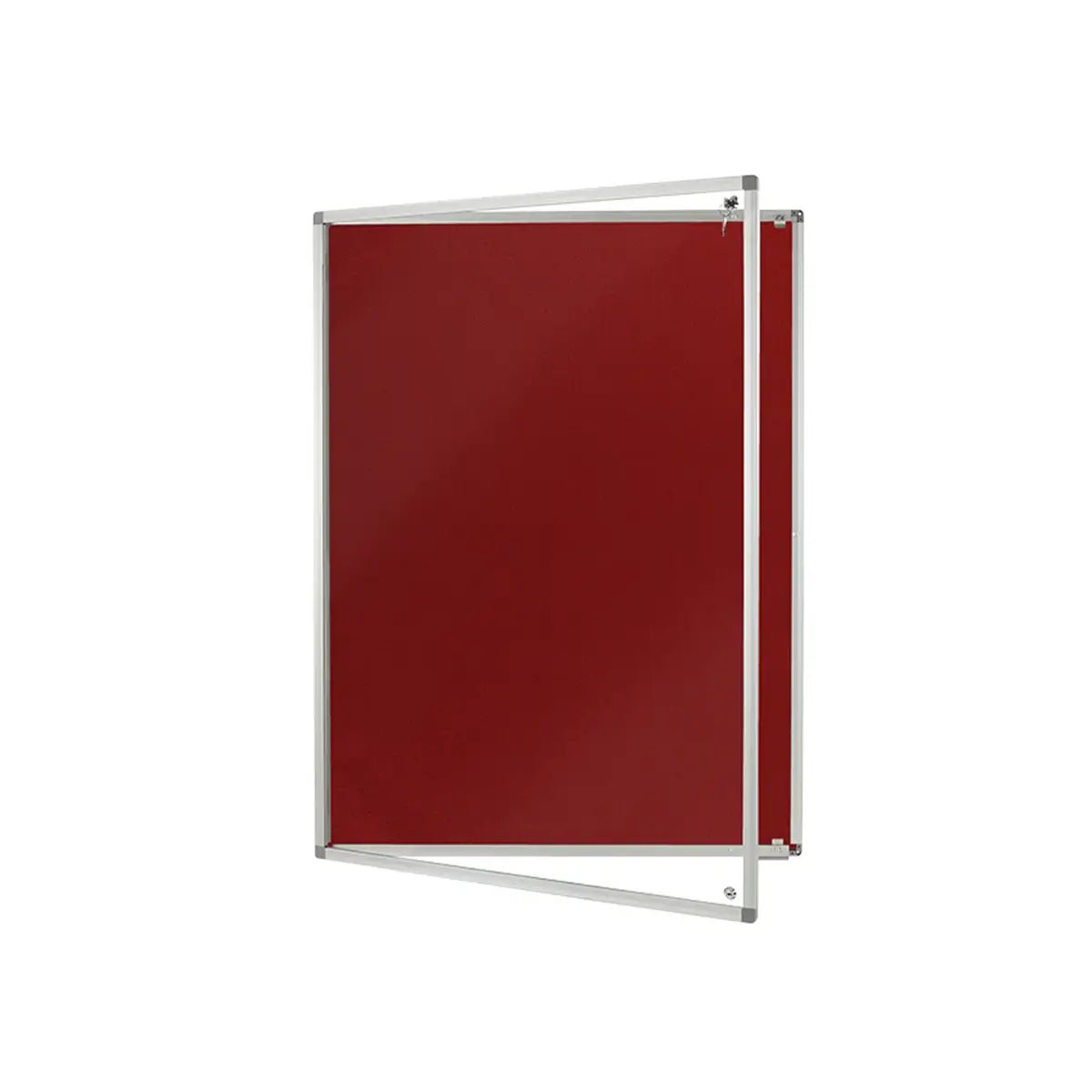 Shop the Presentation Spaces Eco Tamperproof Corded Hessian Noticeboard—red, aluminium-framed, fire rated, on a white backdrop.