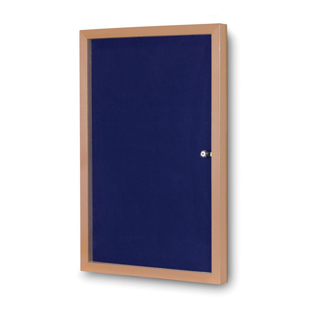 Shop the UK-made Eco Felt Tamperproof noticeboard with wood-effect frame, lockable glass door, blue felt, 4 colour options.
