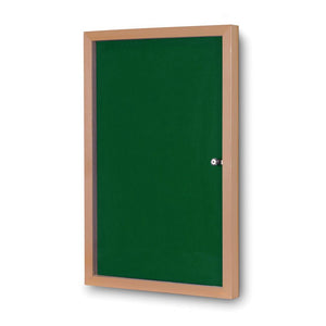 Promote your workspace with this UK-made Eco Felt Tamperproof noticeboard, green felt, wood frame, secure glass door, right lock.