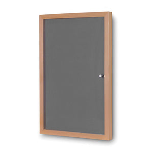 Eco Felt Tamperproof notice board with light wood frame, right lockable glass door, dark gray display; UK made in 4 colours.