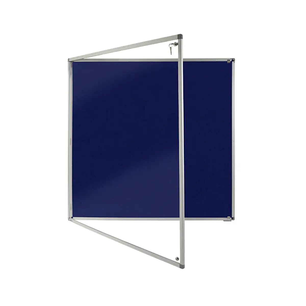 Promote your space with our Eco FR Tamperproof Felt Noticeboard—blue, fire-rated, lockable, silver frame—shown partially open.
